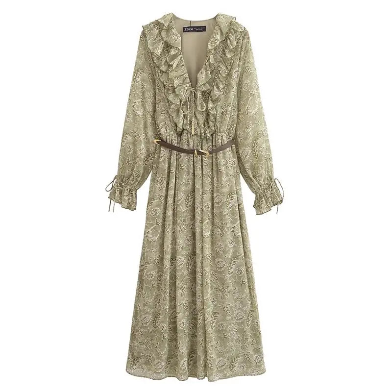 Women's Floral Ruffle Chiffon Maxi Dress