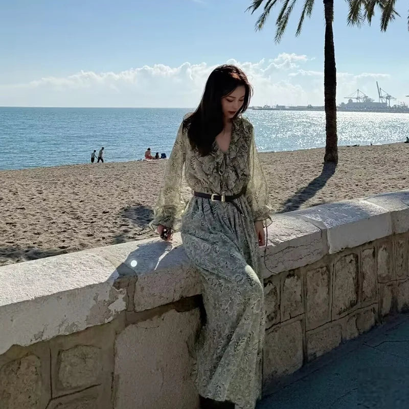 Women's Floral Ruffle Chiffon Maxi Dress