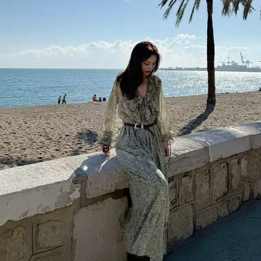 Women's Floral Ruffle Chiffon Maxi Dress