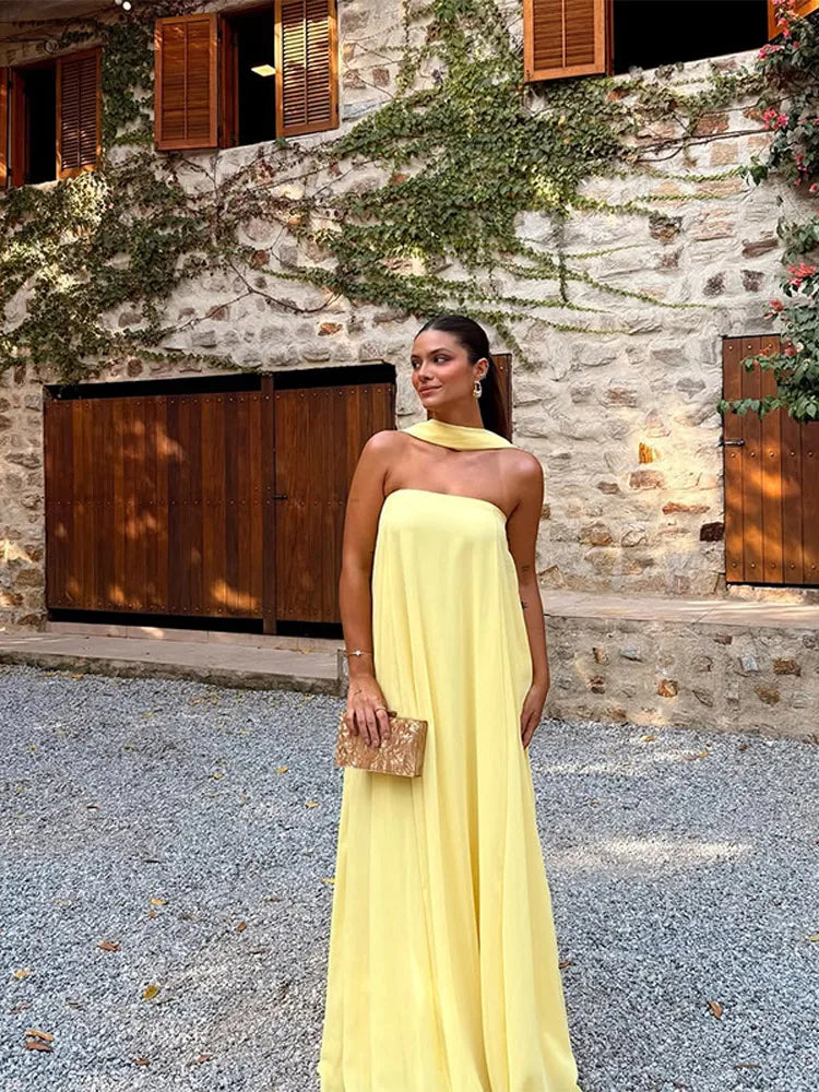 Women's Strapless Maxi Dress with Elegant Scarf Neck