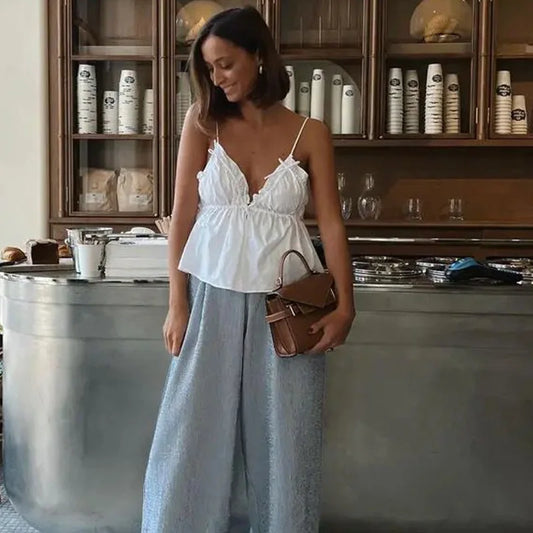 Women's Ruffle Backless Crop Top with Thin Straps