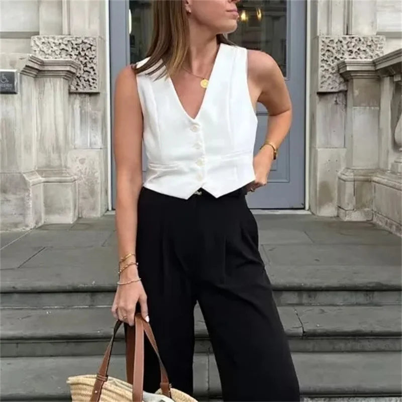 Women's Cropped Button-Up Vest with V-Neck