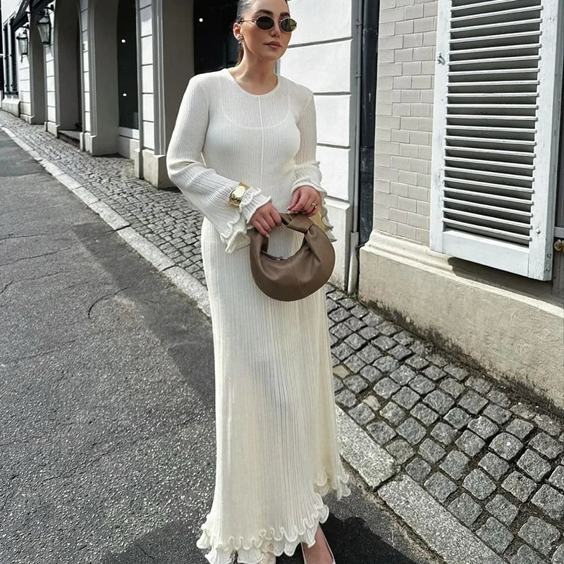 Women's Pleated Maxi Dress with Ruffle Sleeve