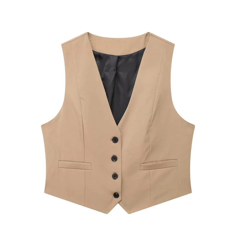 Women's Cropped Button-Up Vest with V-Neck