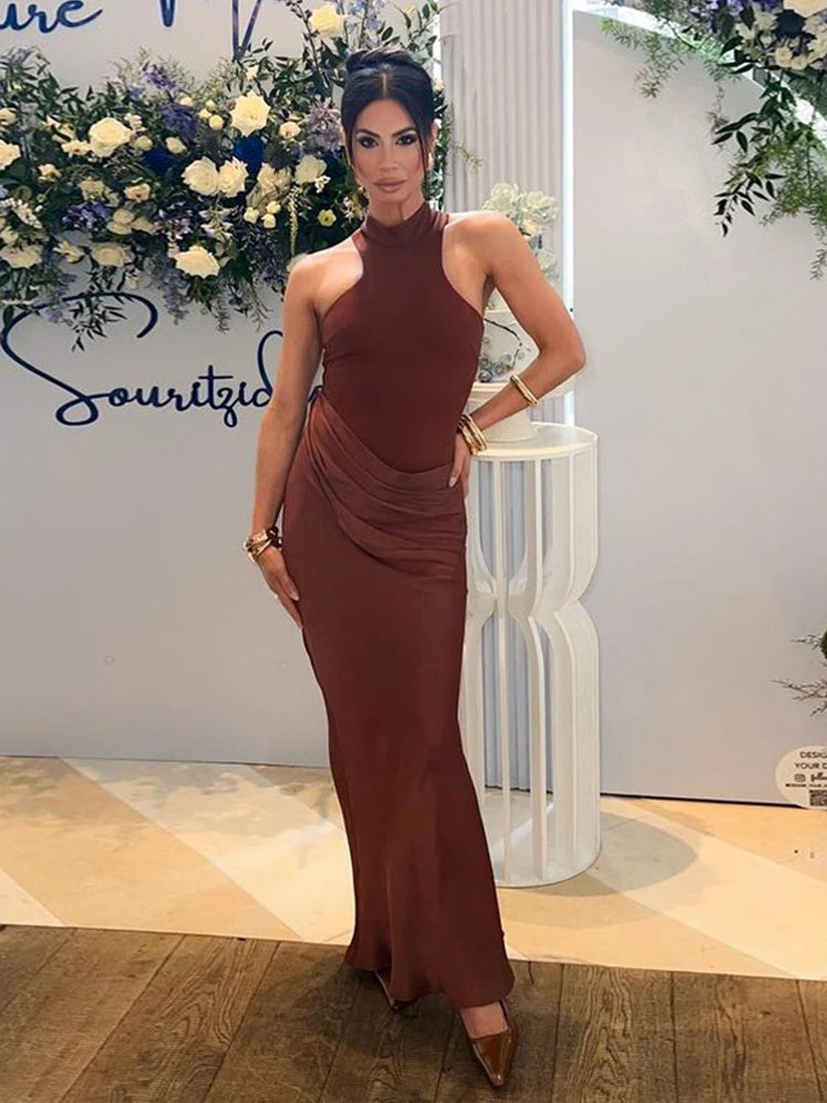 Women's Sleeveless Hollow-Out High Waist Satin Maxi Dress
