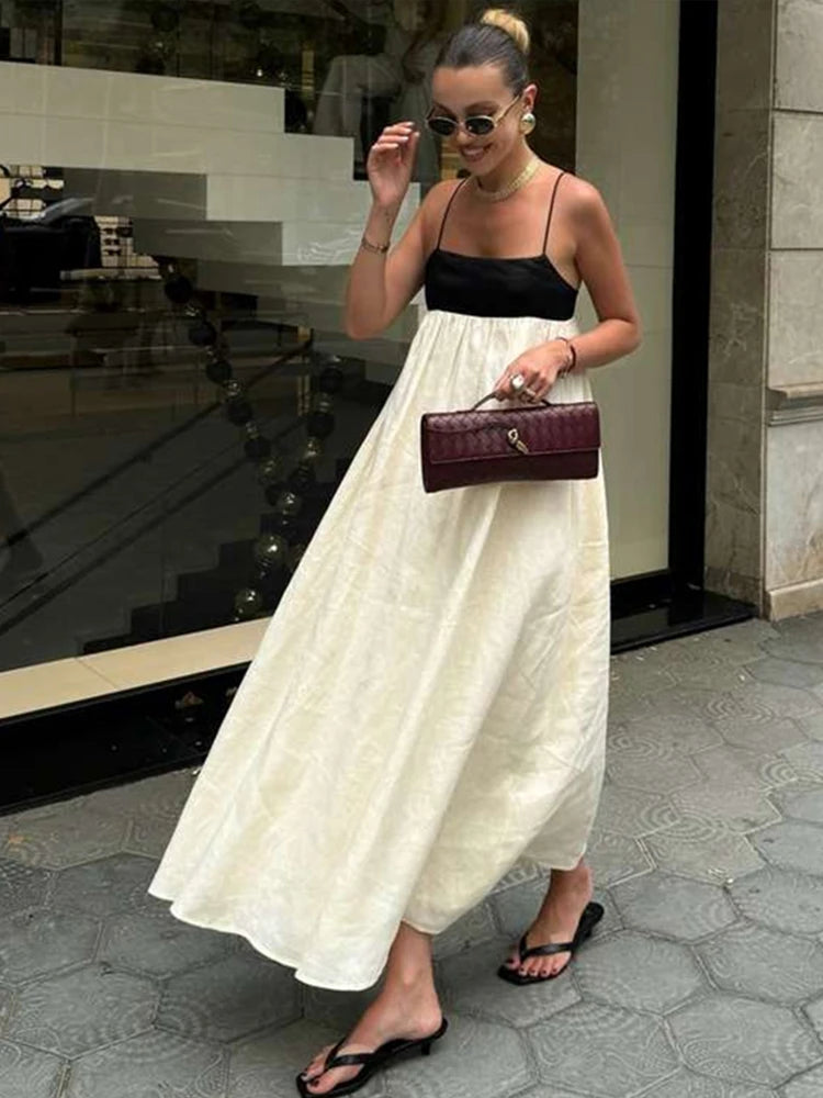 Women's Two-Tone Spaghetti Strap Sleeveless High Waist Maxi Dress