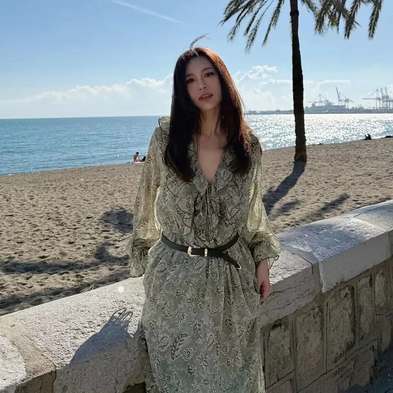 Women's Floral Ruffle Chiffon Maxi Dress