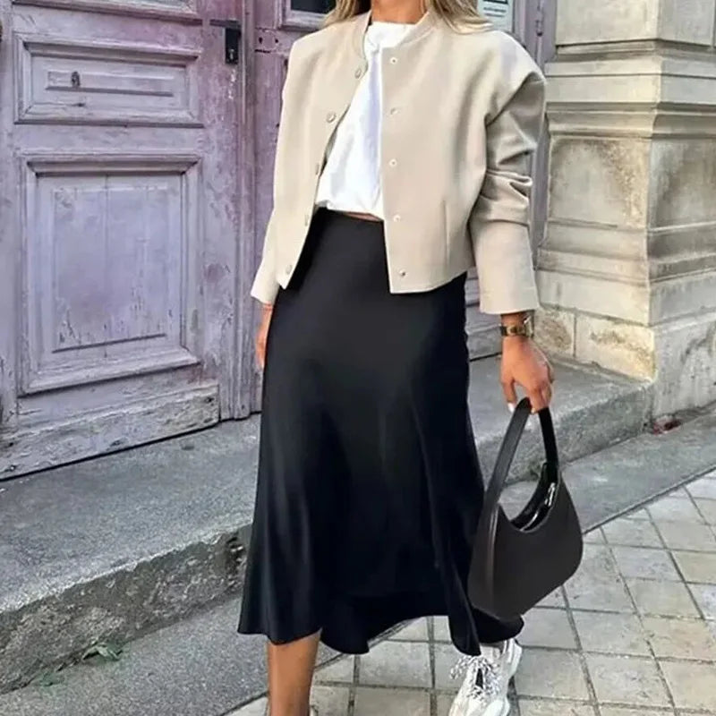 Women's Satin High-Waist Midi Skirt