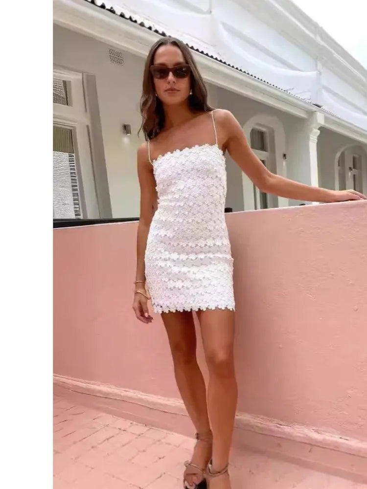Women's White Lace Mini Dress with Spaghetti Straps