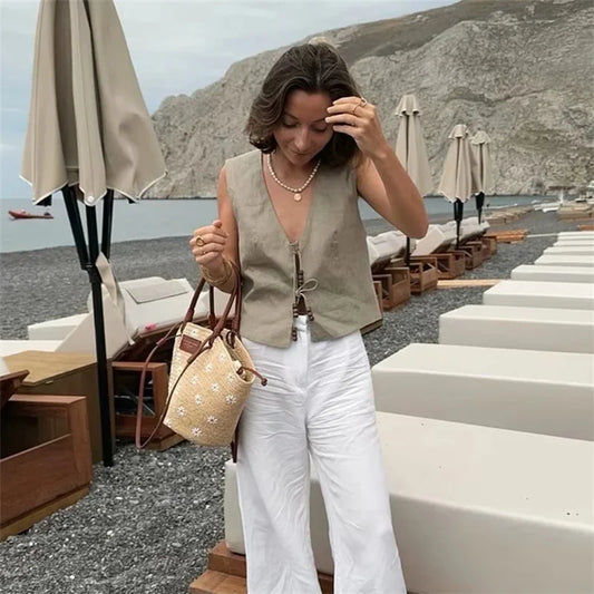 Women's Cropped Sleeveless Tie-Front Vest