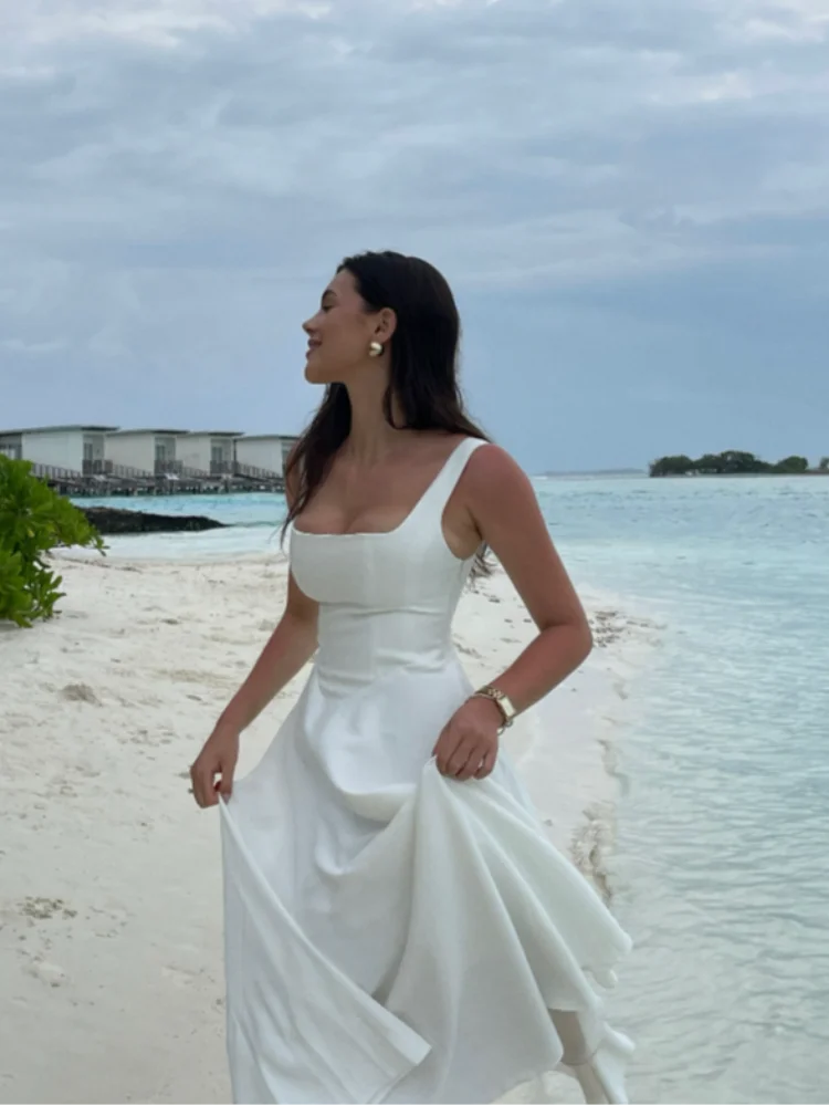 Women's White High-Waisted A-Line Dress