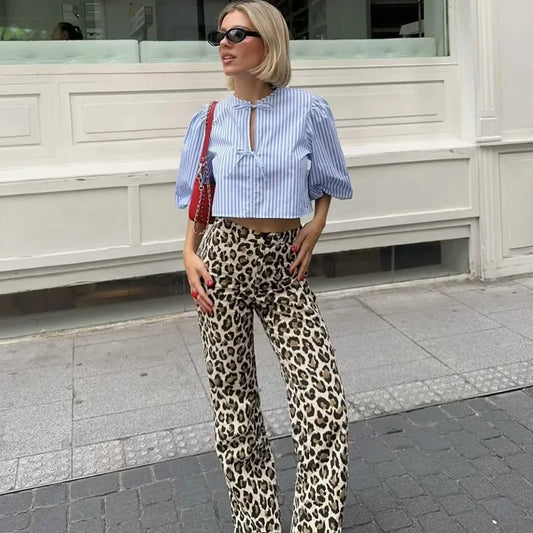 Women's High-Waist Leopard Print Wide-Leg Pants