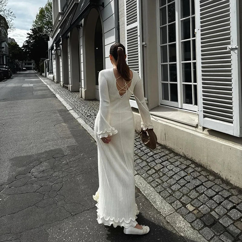 Women's Pleated Maxi Dress with Ruffle Sleeve