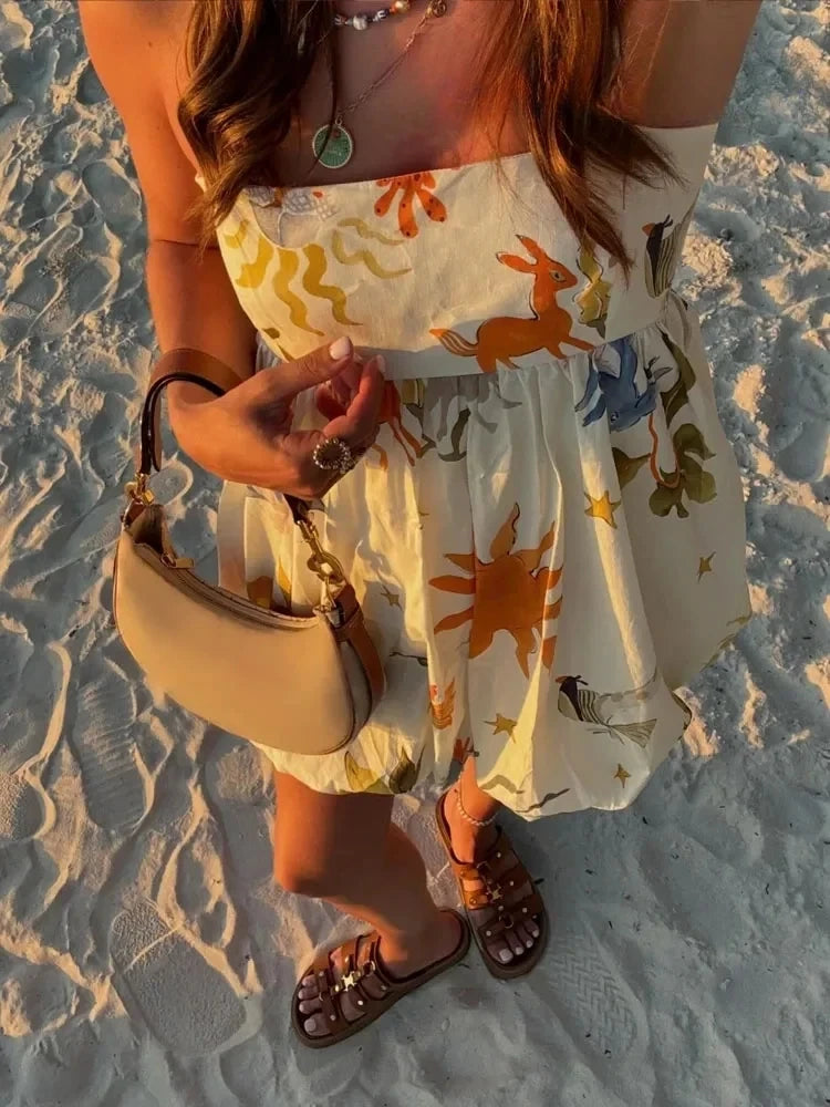 Women's Printed Bubble Mini Dress with Spaghetti Straps