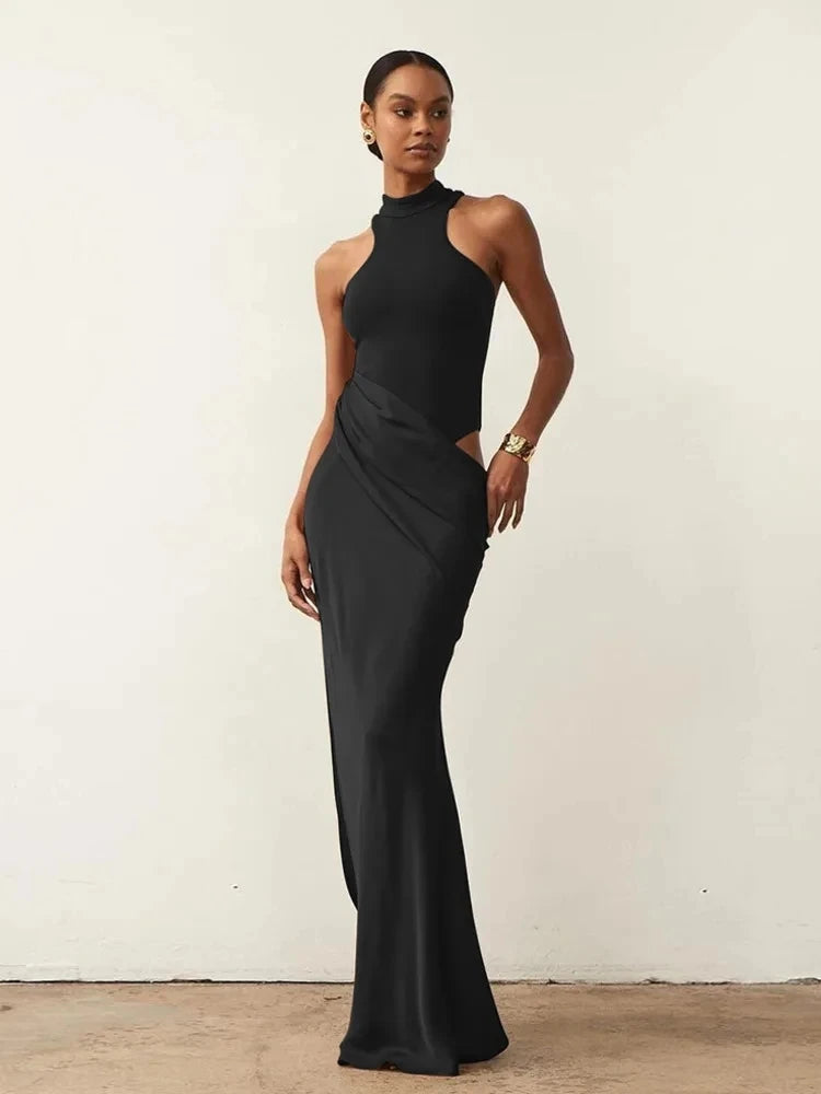 Women's Sleeveless Hollow-Out High Waist Satin Maxi Dress