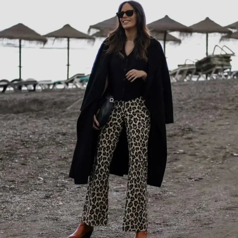 Women's High-Waist Leopard Print Wide-Leg Pants