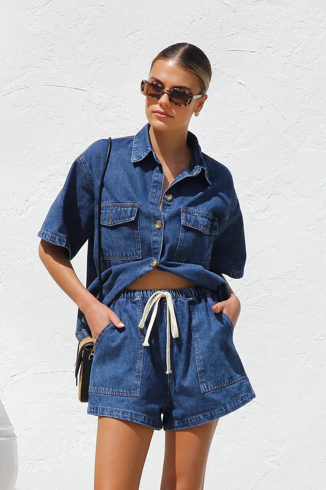 Women's Denim Two-Piece Set with Short Sleeve Shirt Jacket & High-Waist Shorts