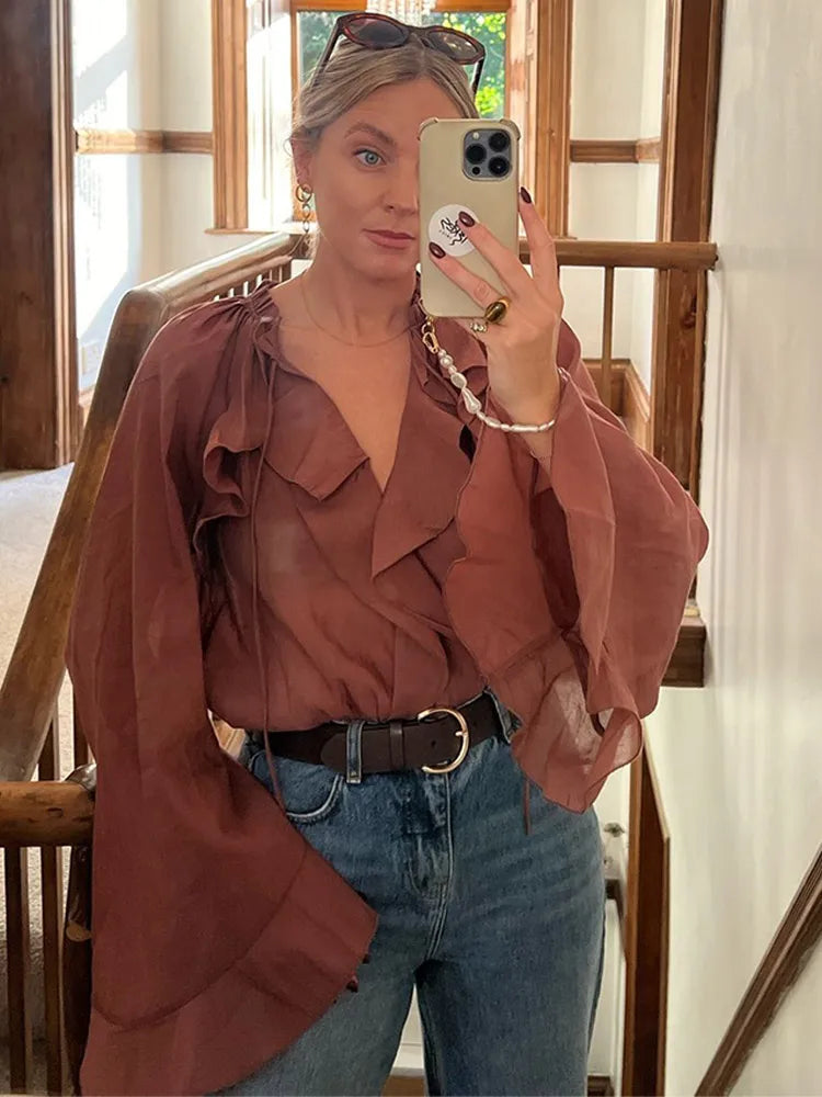 Women's Ruffled V-Neck Blouse