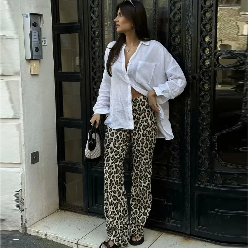 Women's High-Waist Leopard Print Wide-Leg Pants
