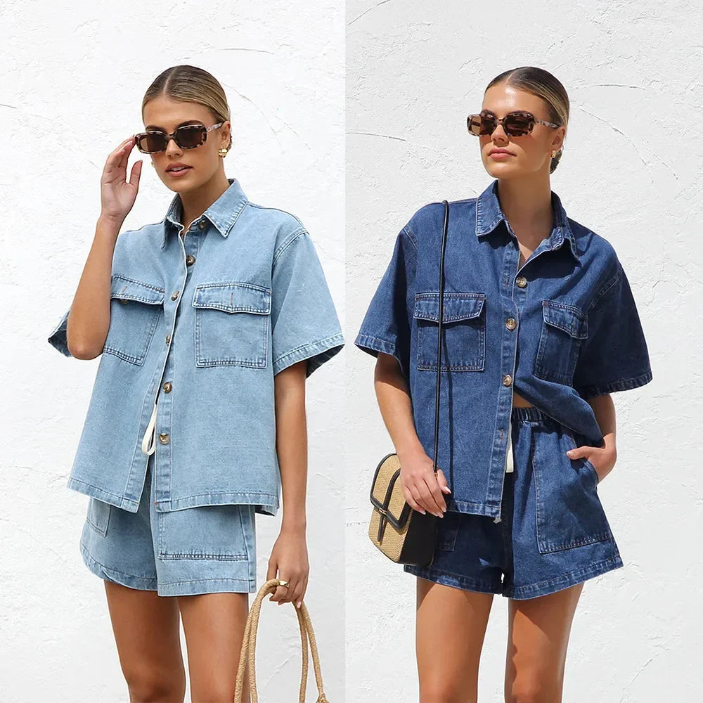 Women's Denim Two-Piece Set with Short Sleeve Shirt Jacket & High-Waist Shorts