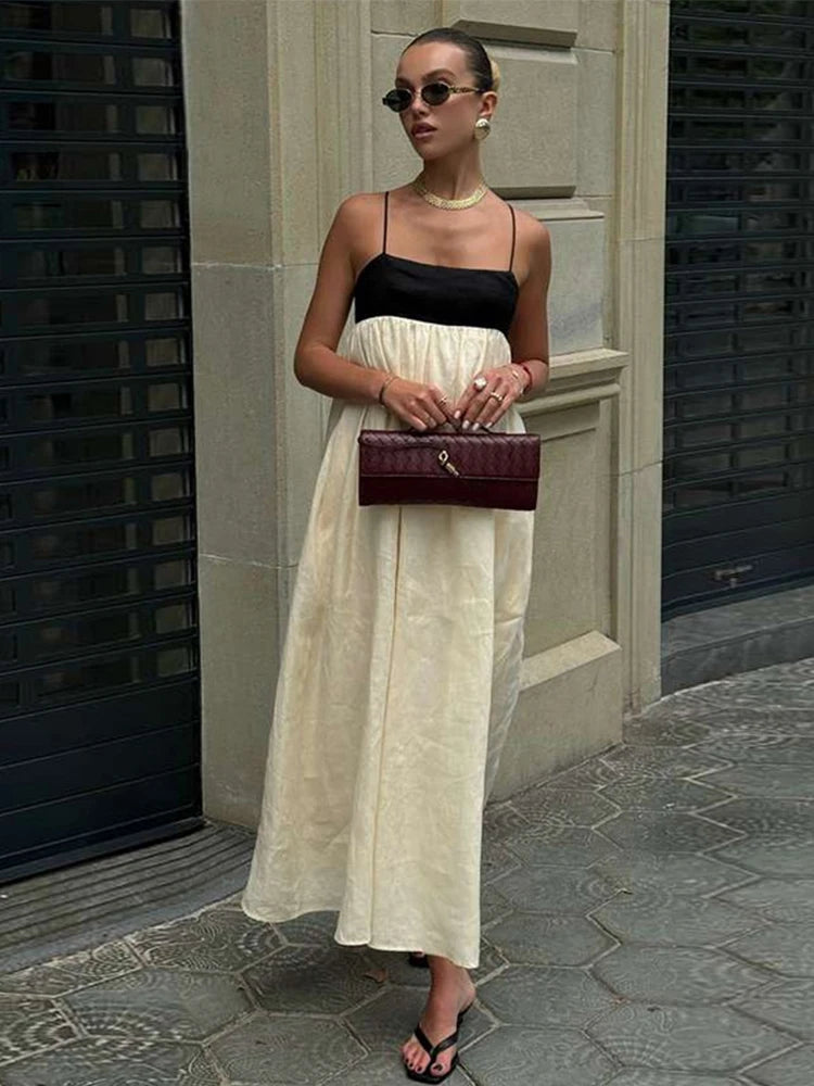 Women's Two-Tone Spaghetti Strap Sleeveless High Waist Maxi Dress