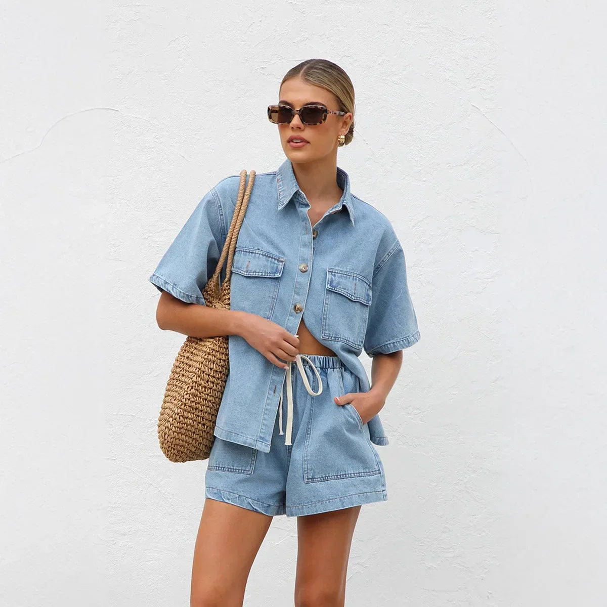 Women's Denim Two-Piece Set with Short Sleeve Shirt Jacket & High-Waist Shorts