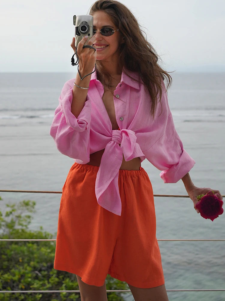 Women's Oversized Long Sleeve Button-Up Linen Shirt