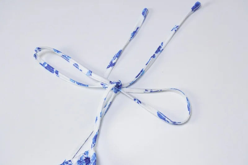 Women's Floral Maxi Dress with Blue Flower Print & Tie Straps