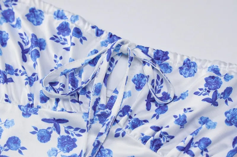 Women's Floral Maxi Dress with Blue Flower Print & Tie Straps