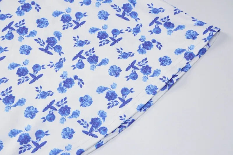Women's Floral Maxi Dress with Blue Flower Print & Tie Straps