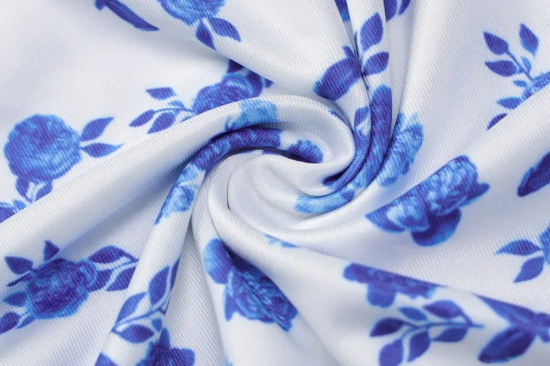 Women's Floral Maxi Dress with Blue Flower Print & Tie Straps