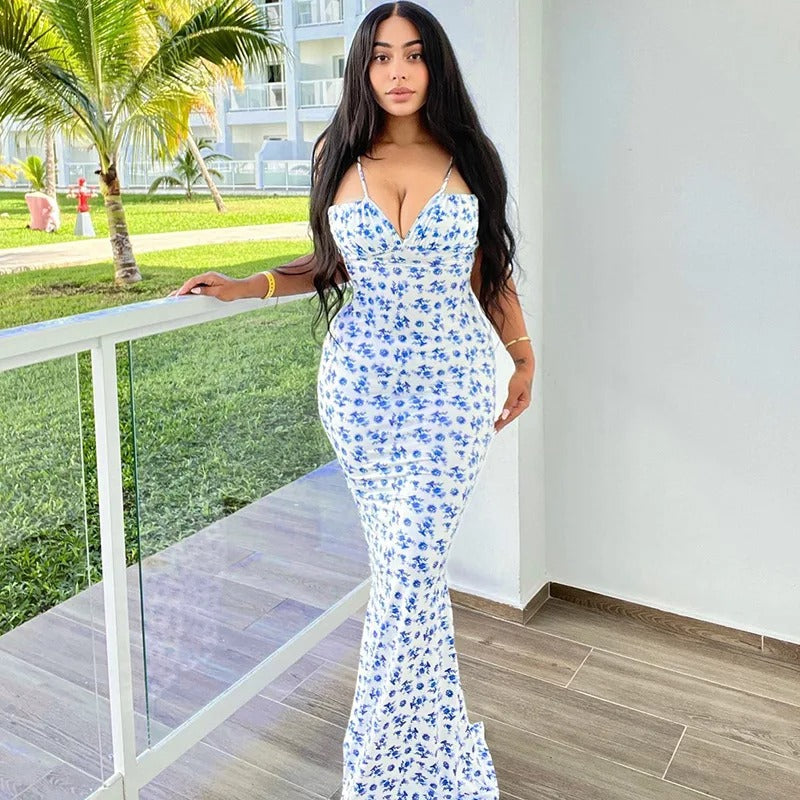 Women's Floral Maxi Dress with Blue Flower Print & Tie Straps