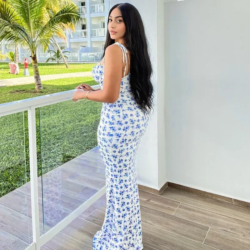 Women's Floral Maxi Dress with Blue Flower Print & Tie Straps