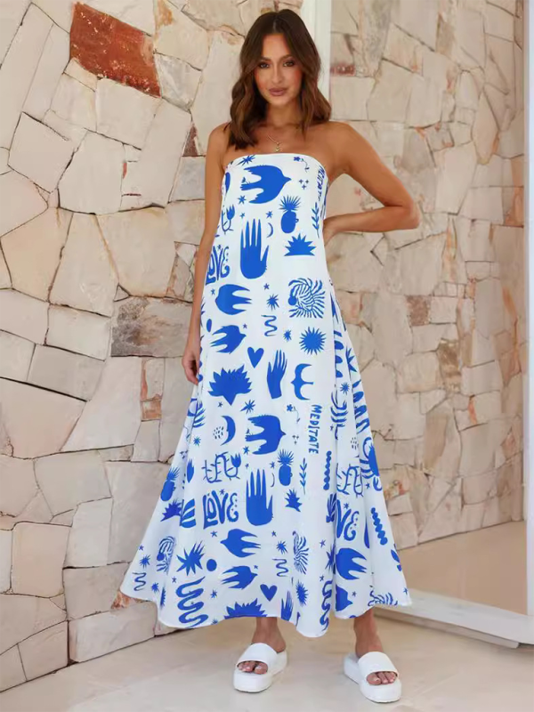 Tropical Print Strapless Maxi Dress with Flowy Design