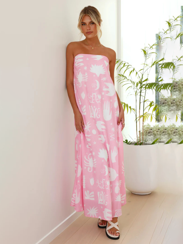 Tropical Print Strapless Maxi Dress with Flowy Design