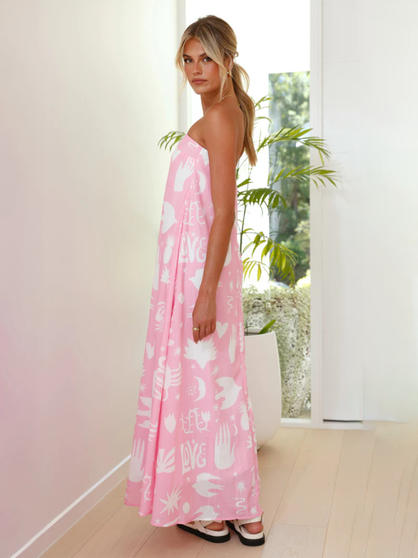 Tropical Print Strapless Maxi Dress with Flowy Design
