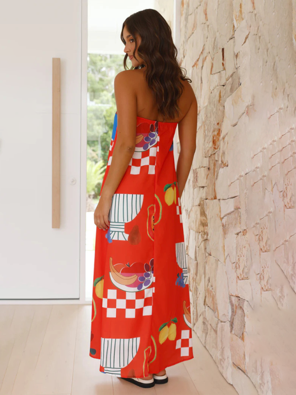Tropical Print Strapless Maxi Dress with Flowy Design