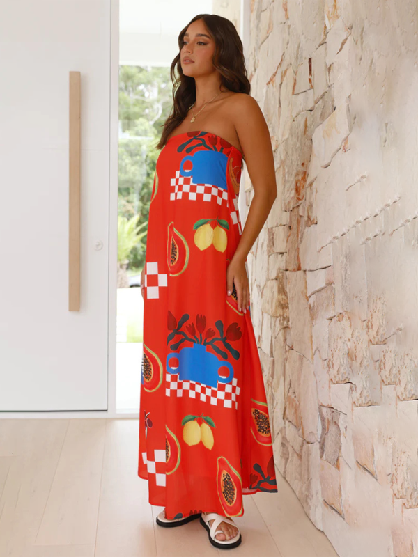 Tropical Print Strapless Maxi Dress with Flowy Design