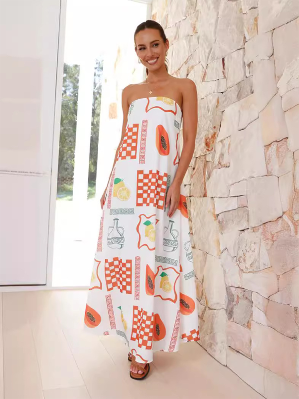 Tropical Print Strapless Maxi Dress with Flowy Design