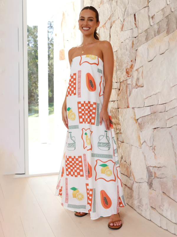 Tropical Print Strapless Maxi Dress with Flowy Design
