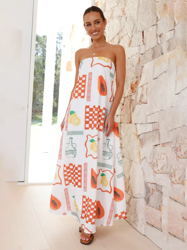 Tropical Print Strapless Maxi Dress with Flowy Design