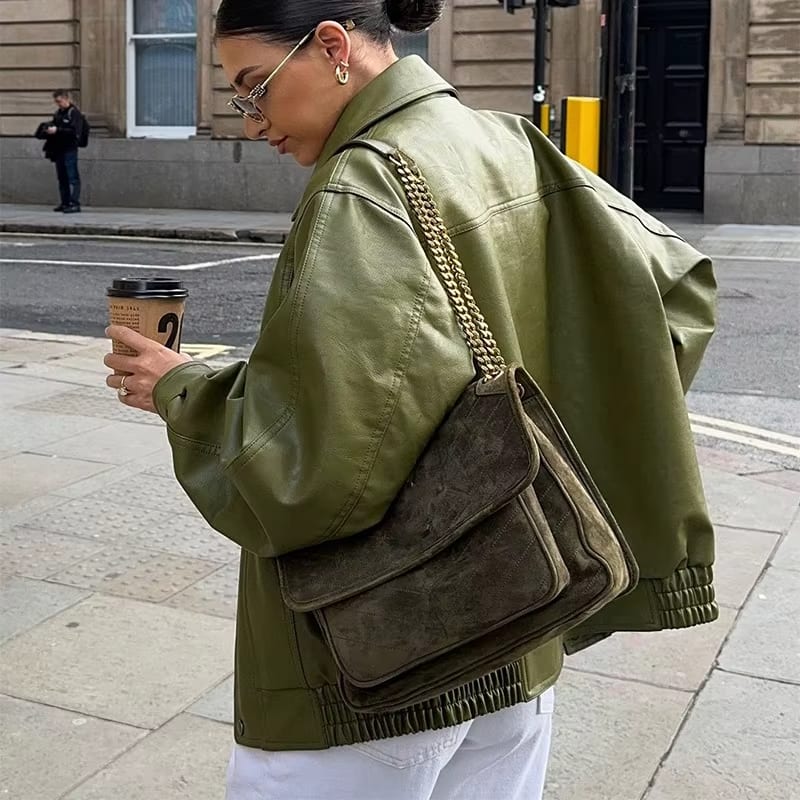 Women's Oversized Faux Leather Jacket with Zip Front & Flap Pockets