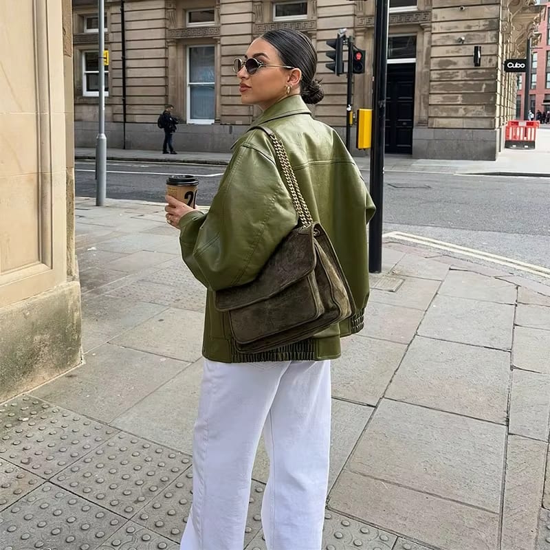 Women's Oversized Faux Leather Jacket with Zip Front & Flap Pockets